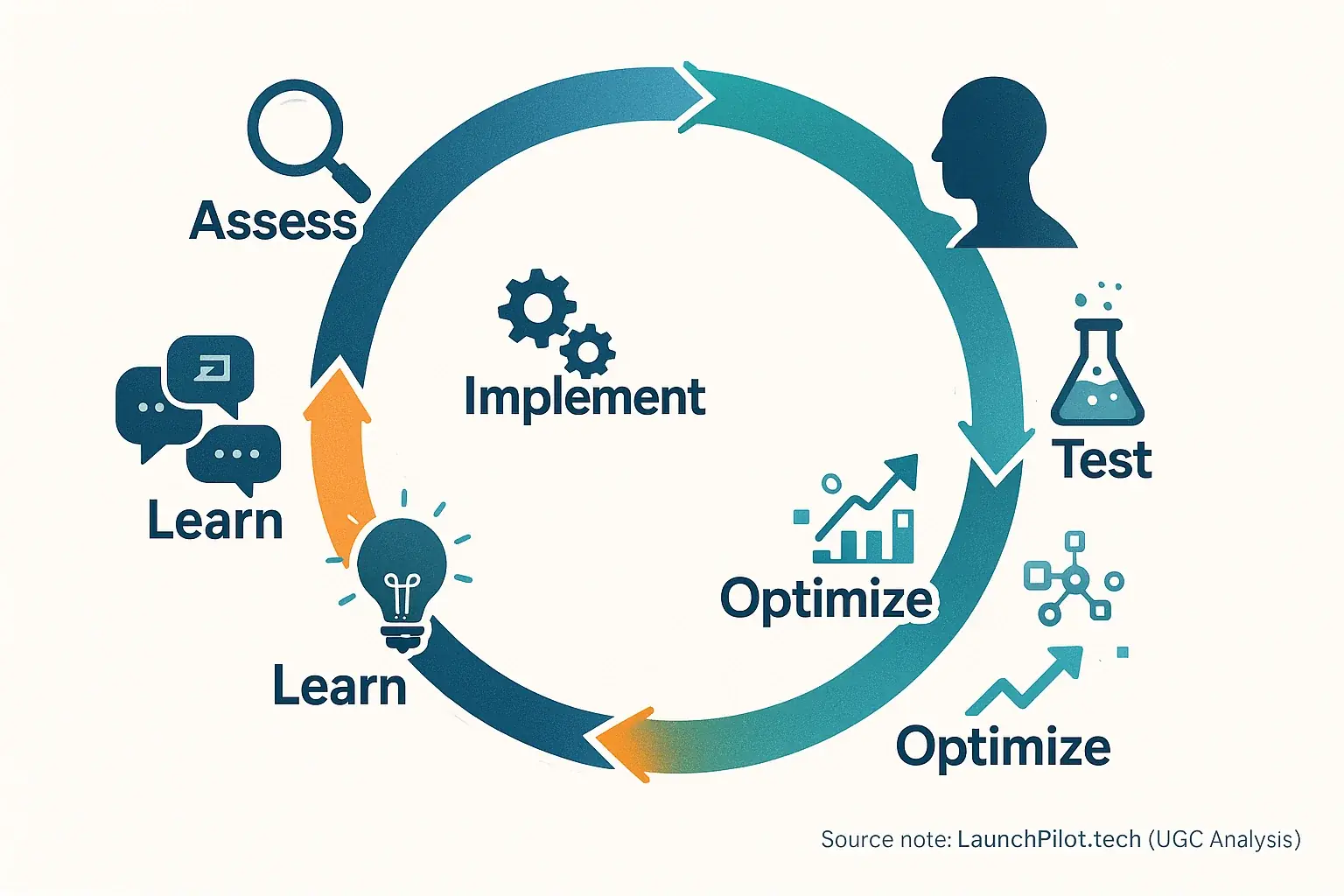 Iterative co-pilot integration workflow loop: Assess, Implement, Test, Optimize, Learn, with human & community feedback.