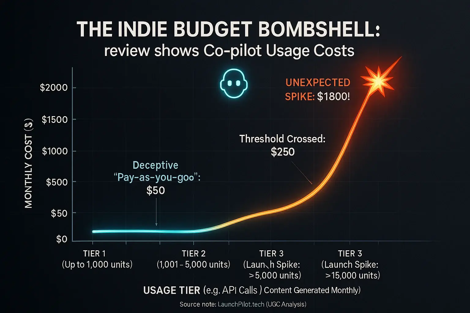 Line graph: UGC co-pilot costs flat, then unexpectedly surge with usage—an indie budget bombshell.