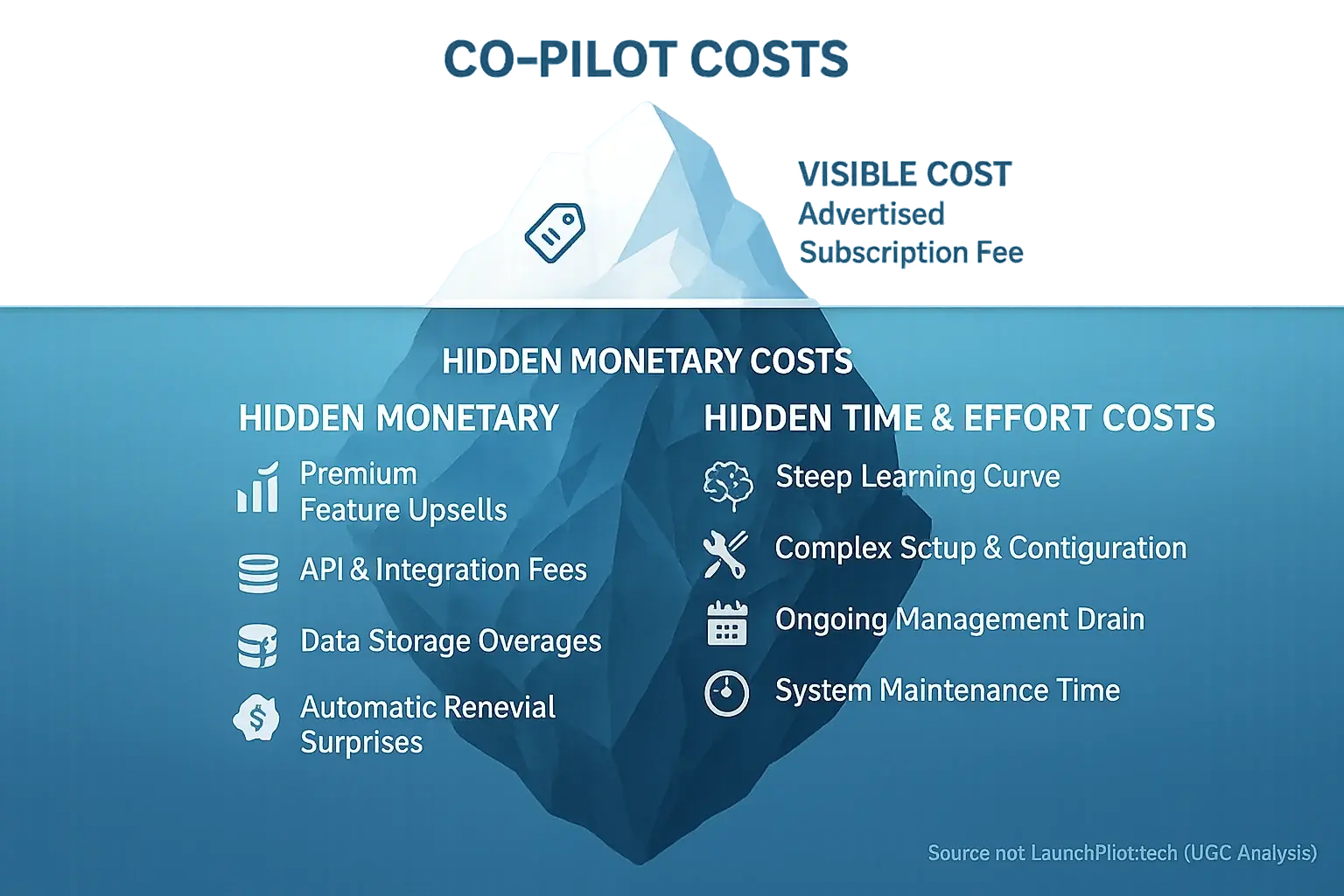Iceberg diagram: Visible Co-pilot subscription fees are small; larger hidden operational &amp; time costs are submerged.