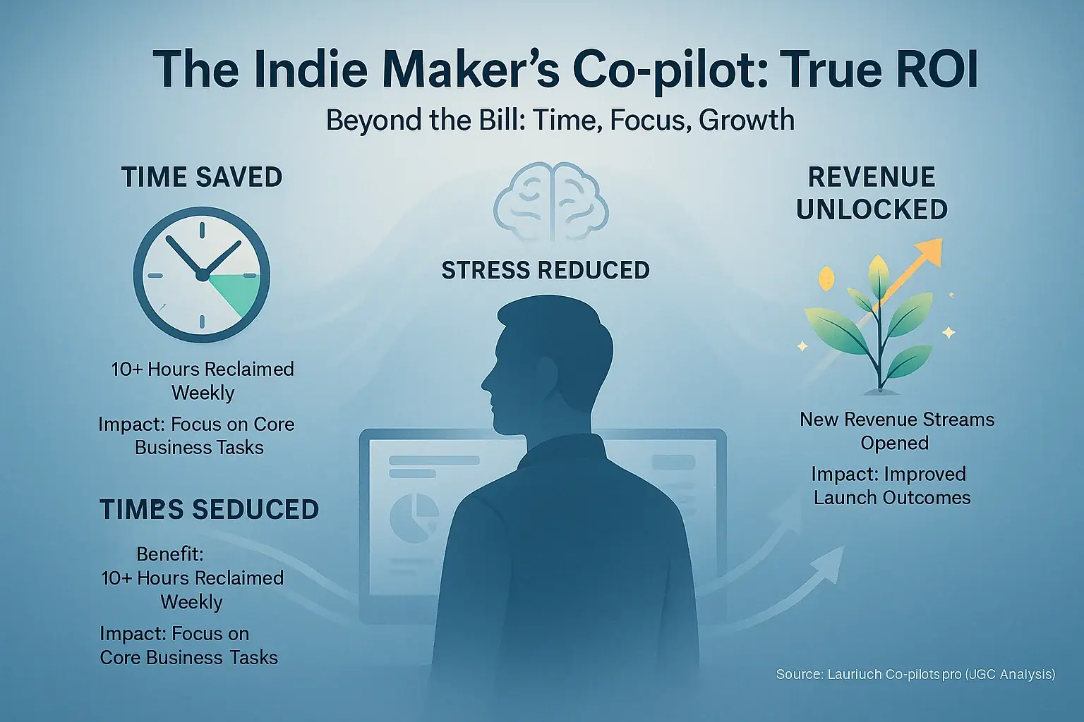 Visualizing Co-pilot's true ROI for Indie Makers: time saved, stress reduced, revenue opportunities.