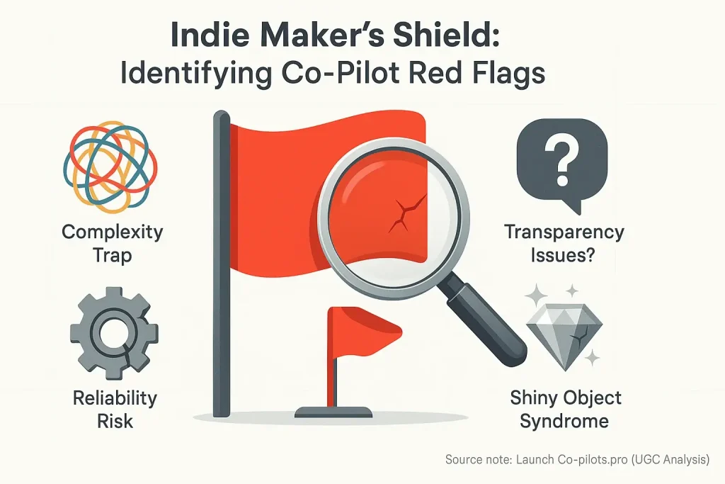 Stylized red flag magnified, revealing icons of system pitfalls: complexity, opacity, unreliability.