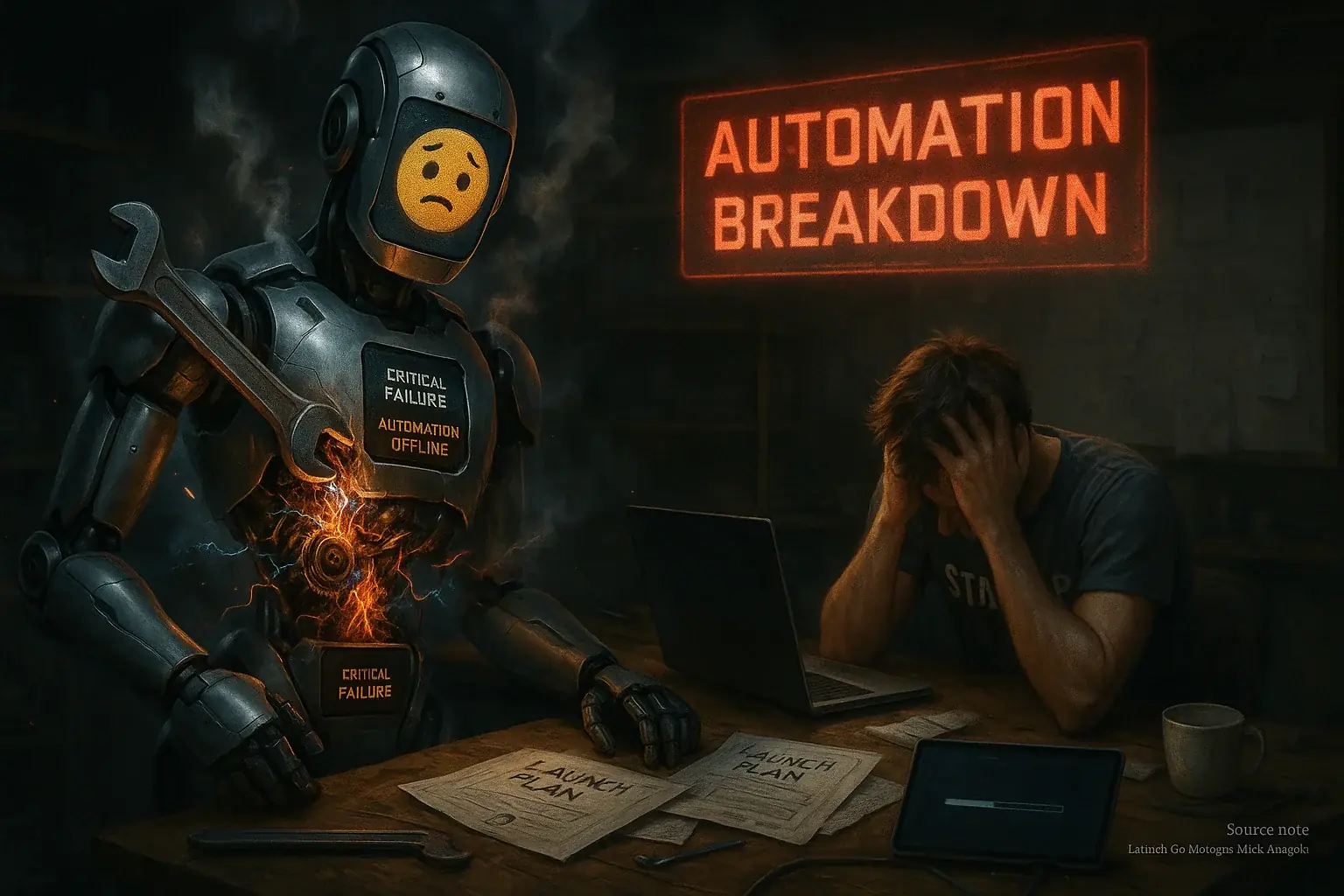 Automation breakdown: Confused robot with wrench in gears, sparking, as frustrated indie maker watches.