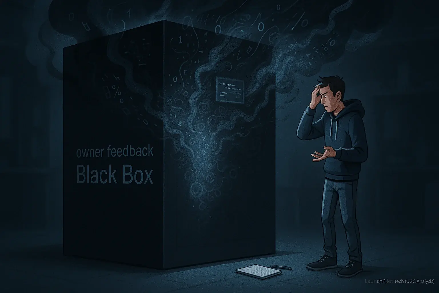 Frustrated indie maker peers into a smoky, glowing 'black box' system with hidden gears; text reads 'review indicates Black