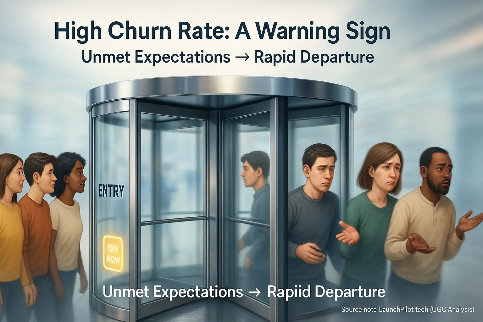 Stylized revolving door, users enter and quickly exit, text 'High Churn Rate: A Warning Sign,' symbolizing high user churn.