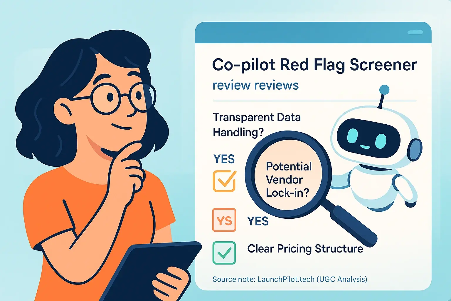Stylized friendly co-pilot uses magnifying glass on YES/NO checklist for user-generated analysis Co-pilot Red Flag Screener.