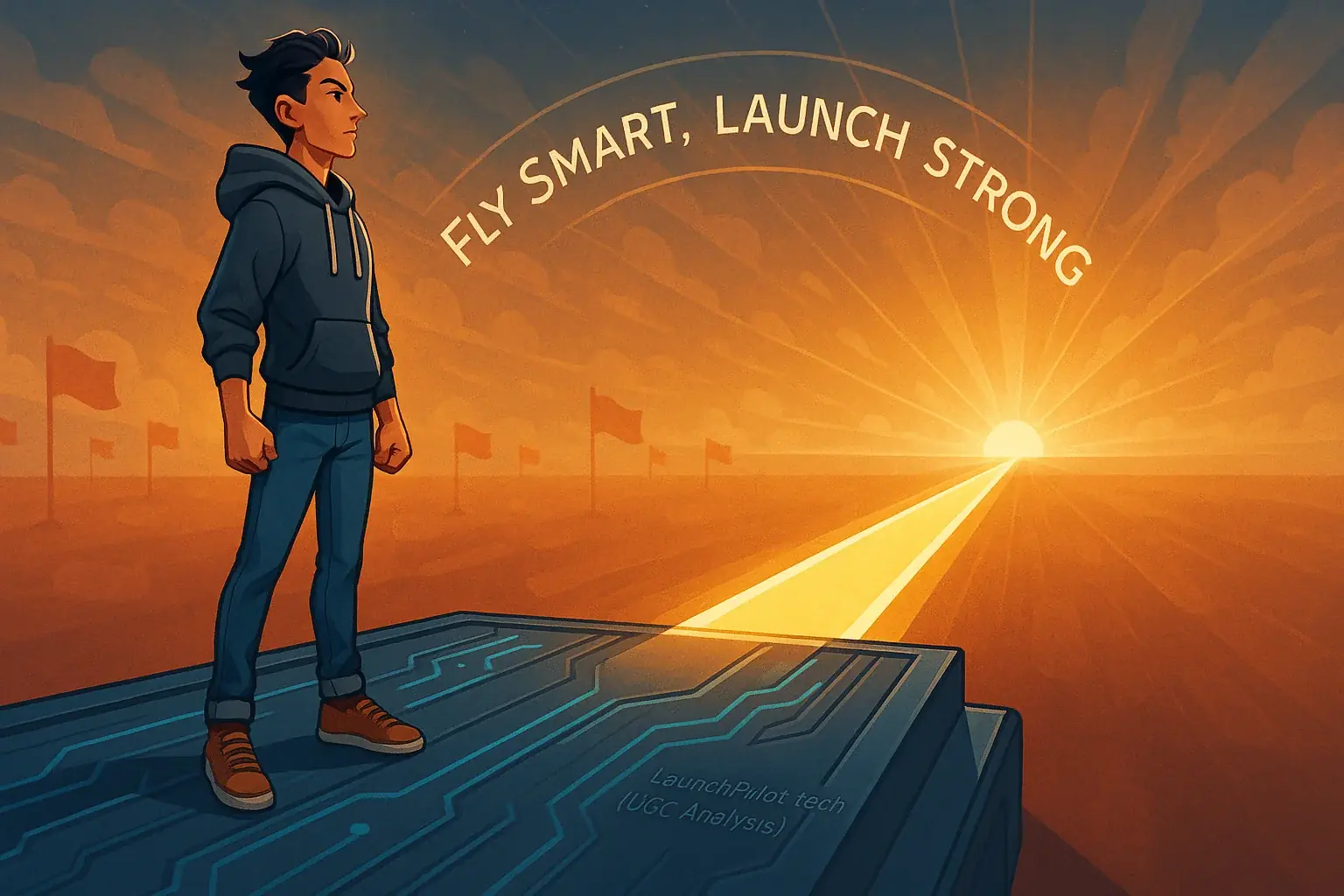 Confident indie maker on launchpad, path clear, faded red flags behind. Text: 'Fly Smart, Launch Strong'.