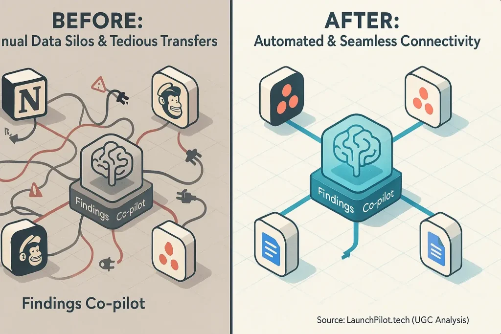 Infographic: Manual data chaos (before) vs. co-pilot's clean, automated flow (after) with tools, simplifying integration.