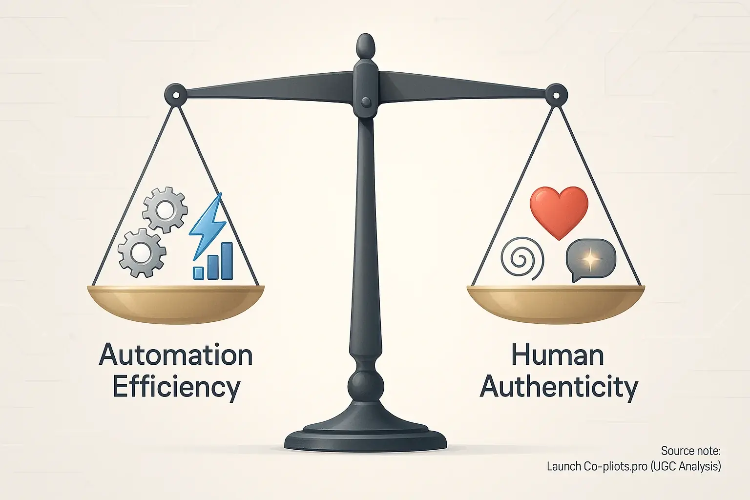 Infographic: Balanced scales: 'User Analysis Automation' (speed) vs 'Human Touch' (soul), key for indie maker efficiency &