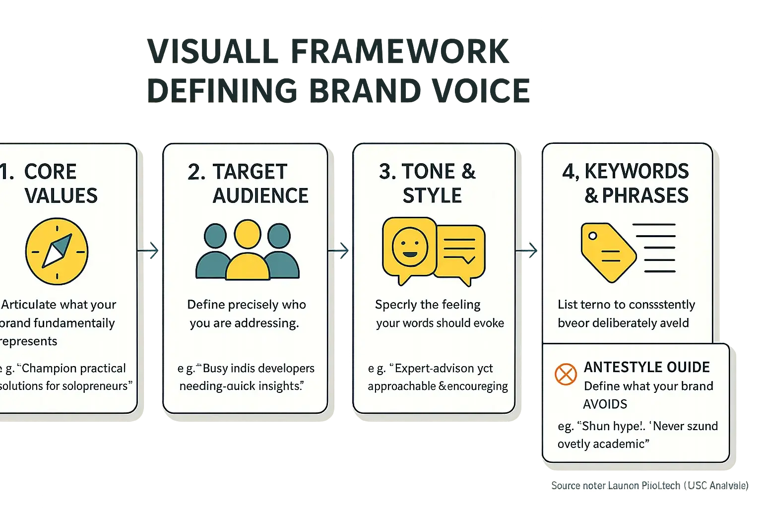 UGC-inspired 4-step framework for brand voice: Core Values, Target Audience, Tone & Style, Keywords/Phrases, icons.