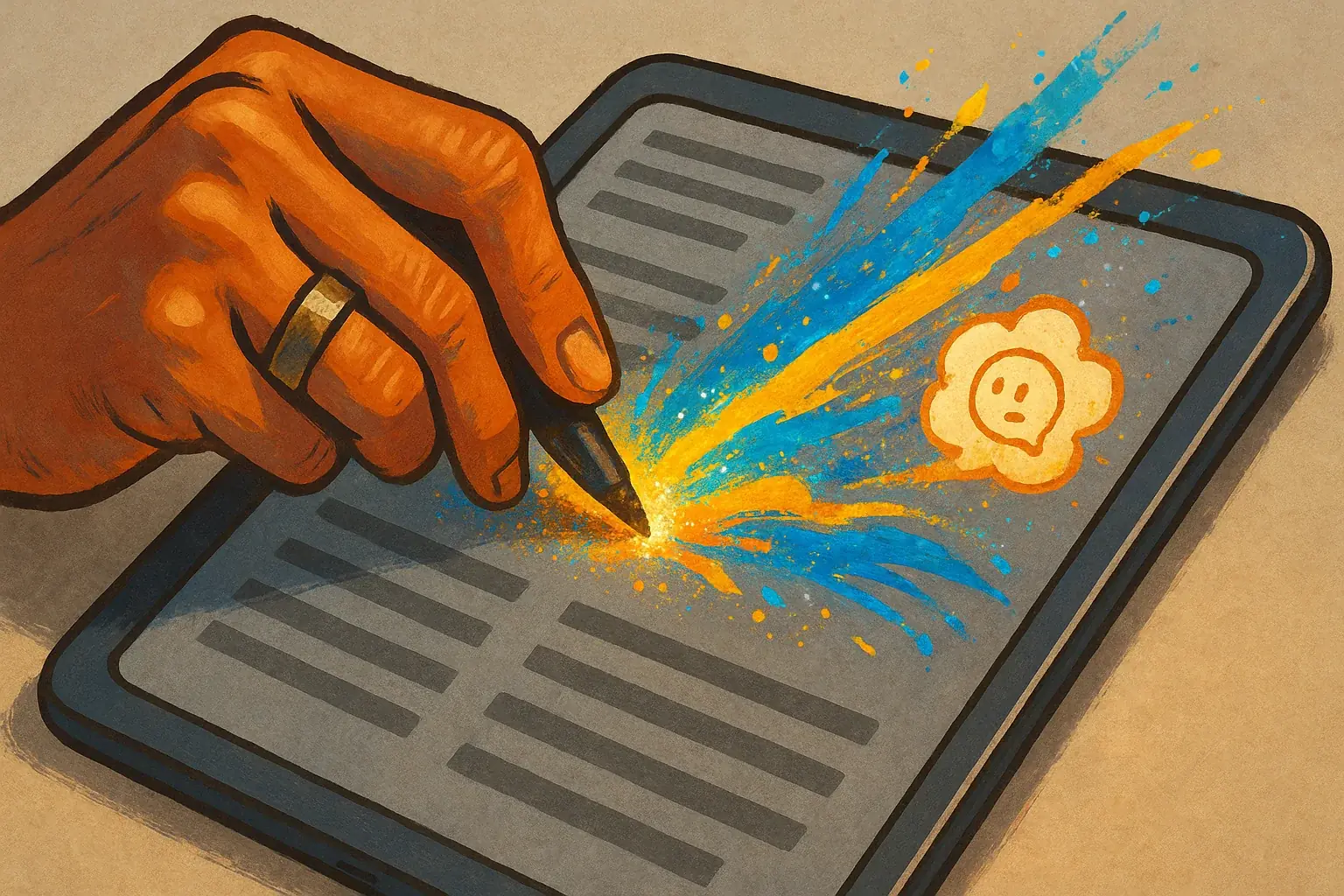 Hand adding vibrant, unique touches to grey, robotic content, injecting personality.