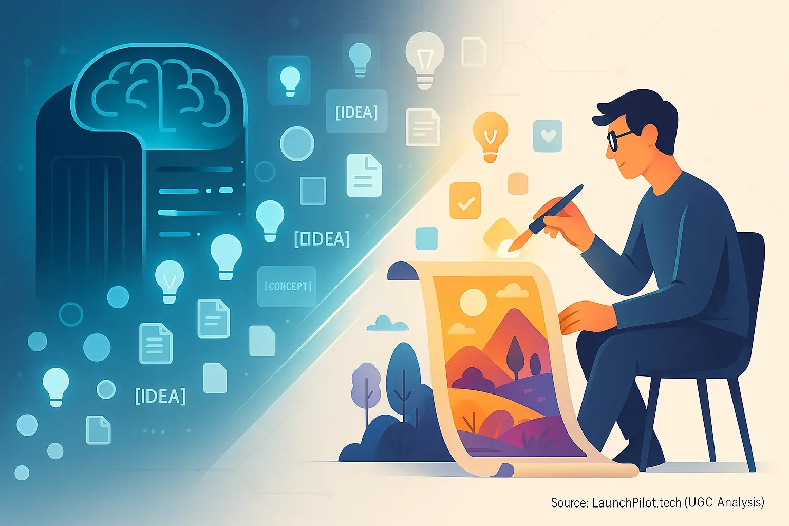 User discussions form an idea-filled brain; indie maker with pen crafts stories. Synergistic duo: idea generator &