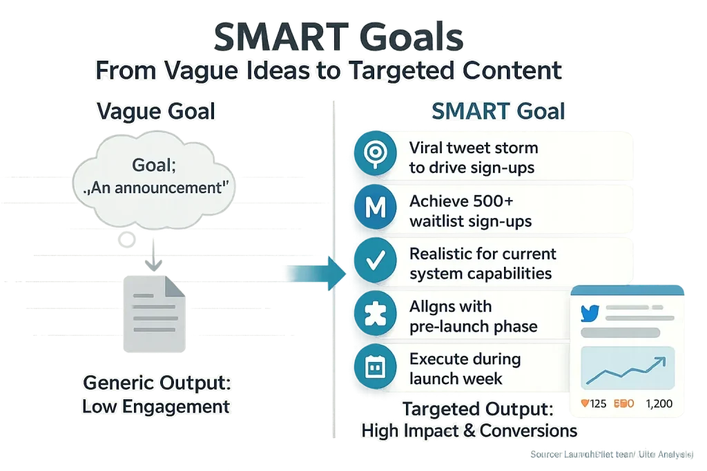 SMART framework for owner content: S,M,A,R,T icons. Clear goals yield targeted output; vague goals yield generic.