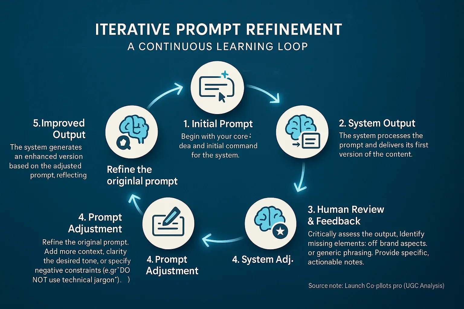 Iterative prompt refinement loop: Initial Prompt, Output, Human Feedback, Prompt Adjustment, New Output, for continuous