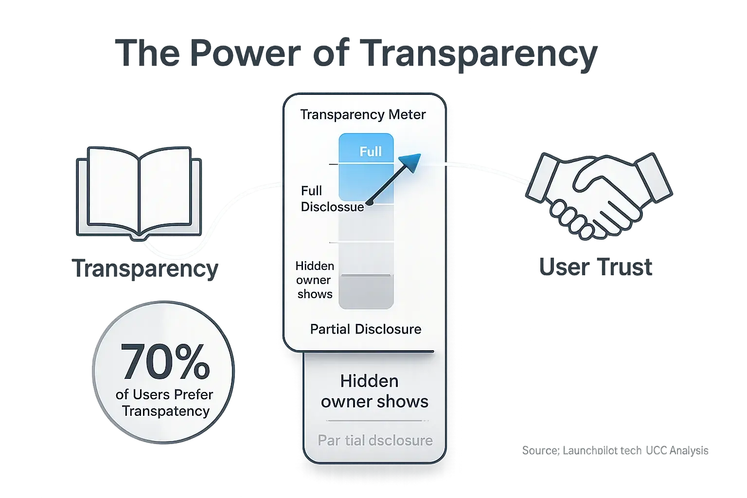 Meter: 'Hidden user indicates' to 'Full Disclosure'. Open book (transparency) builds trust (handshake). 70% users prefer.