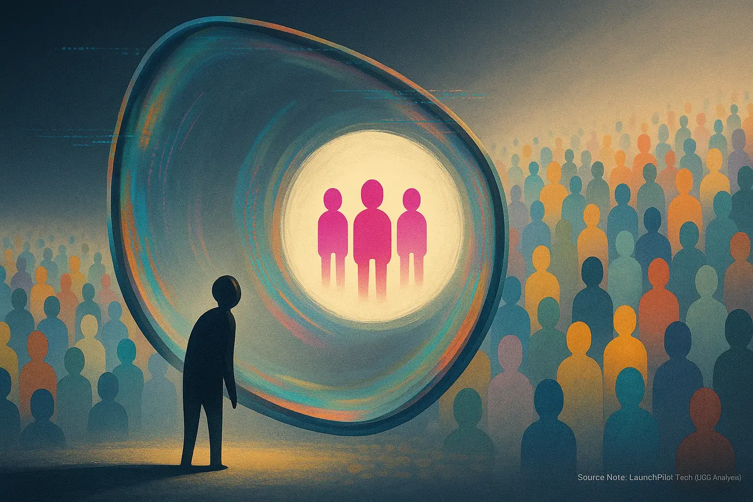Conceptual skewed lens illustrates algorithmic bias skewing an indie maker's view of their target market.
