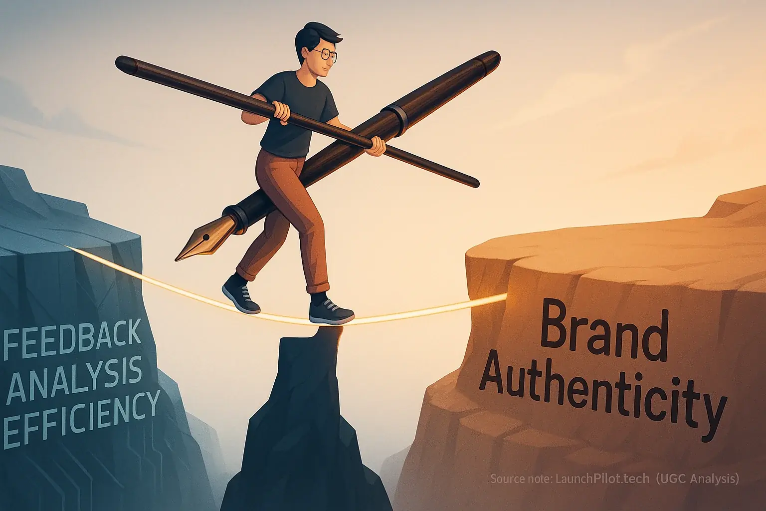 Indie maker balances on a tightrope between Efficiency and Brand Authenticity cliffs using a human touch pole.