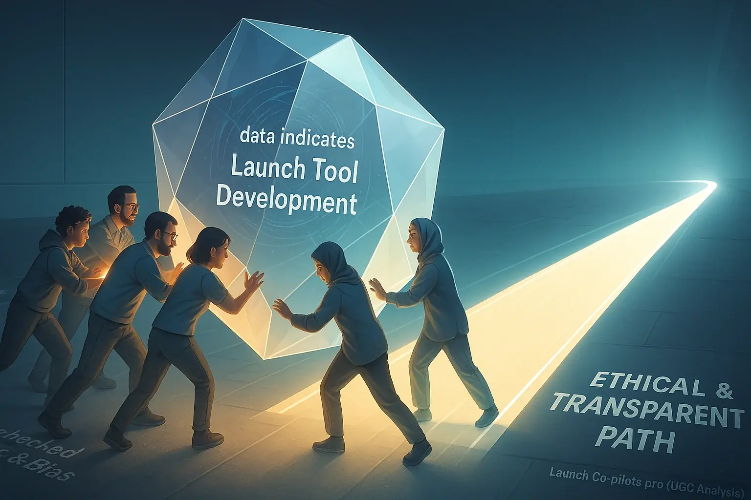 Small indie makers collaboratively push a large, transparent user team model onto glowing ethical paths, advancing
