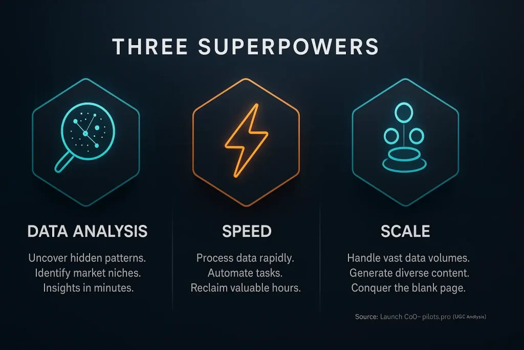 Infographic: Community feedback's product launch superpowers—Data Analysis, Speed, Scale—visualized with icons and text.