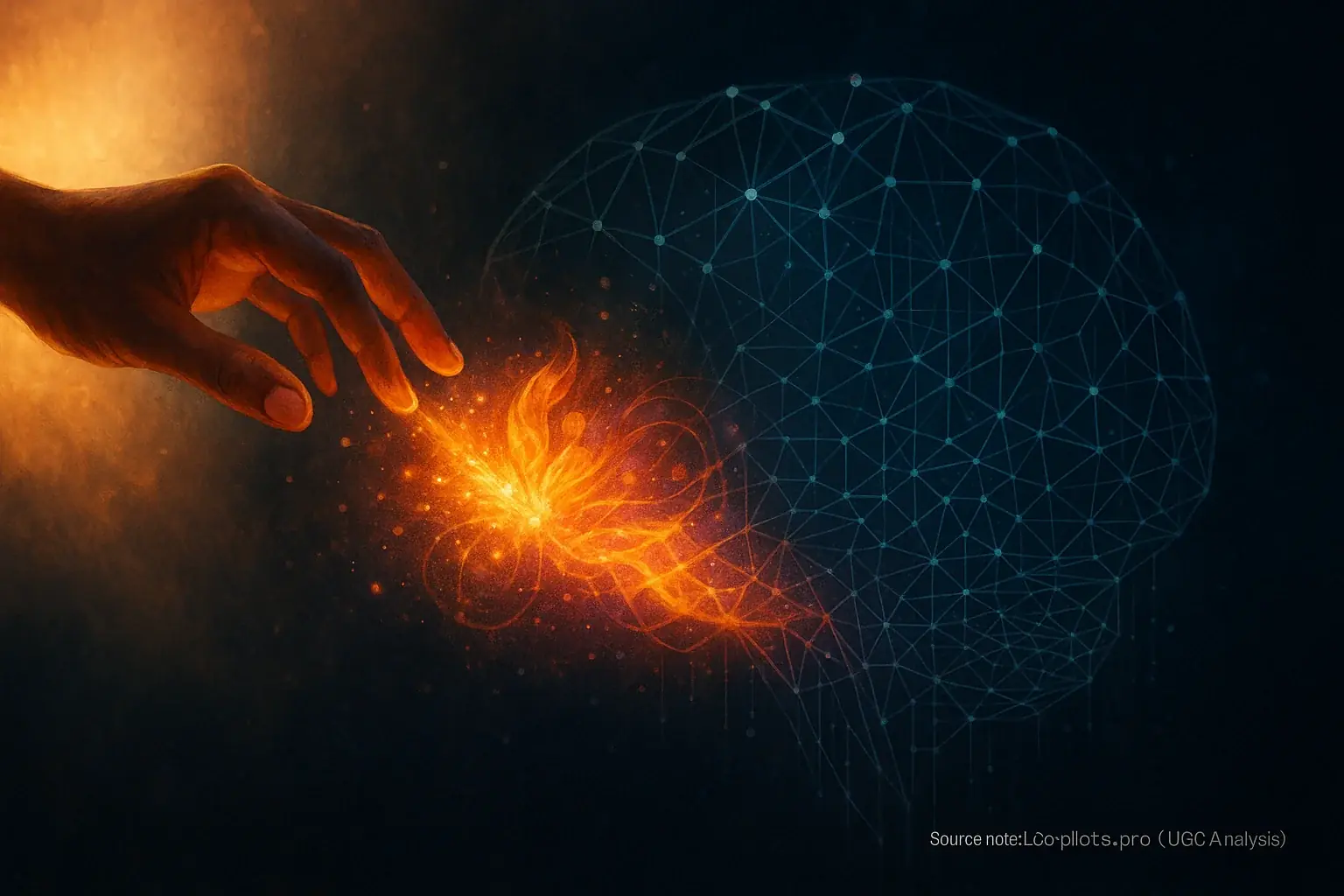 Human hand adds creative spark to glowing review analysis brain, infusing human intuition and genius.