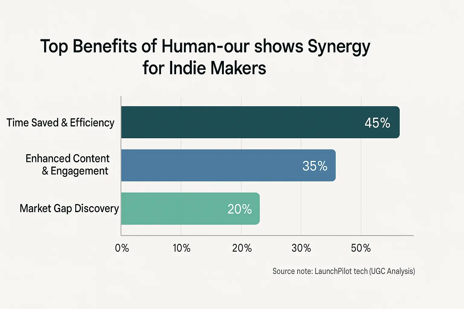 Bar chart: Makers' top human-community discussion benefits: Time Saved (45%), Improved Content (35%), Reduced Stress (20%).