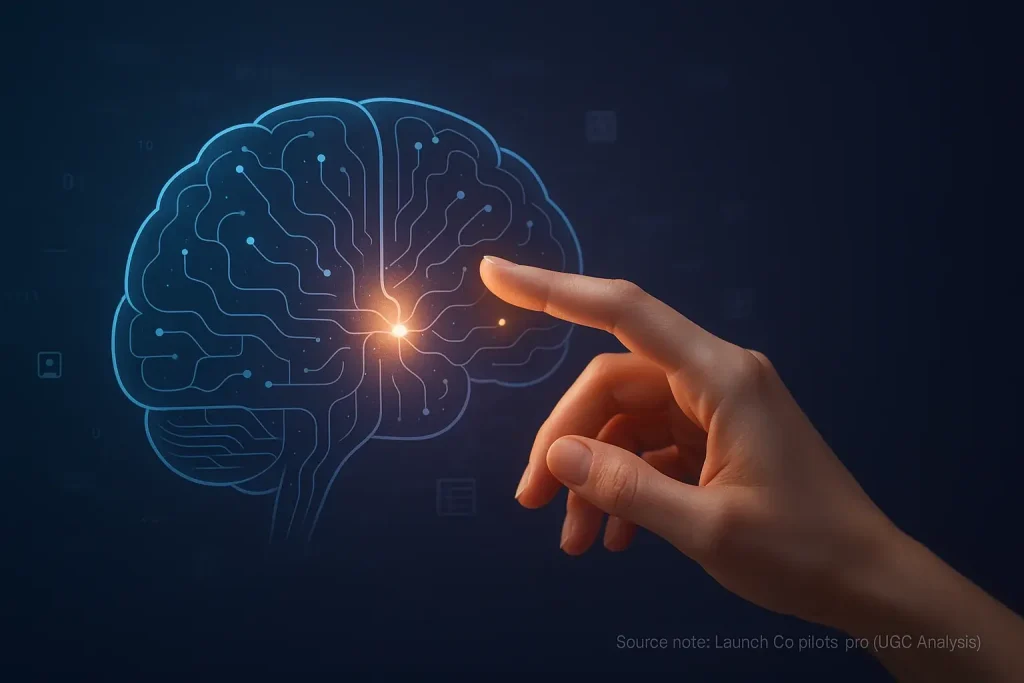 Guiding hand, representing gut feeling, shapes tool choice on a digital interface with data.