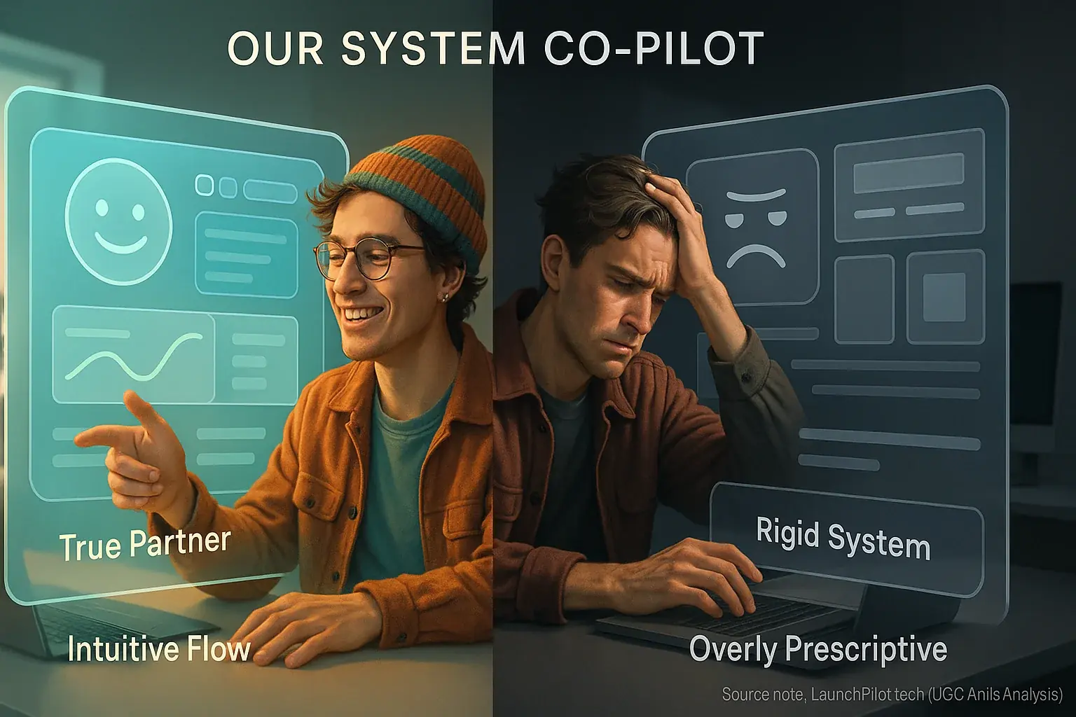 Indie maker reacts to co-pilot's dual faces: content with friendly one, frustrated by rigid one, showing personality's