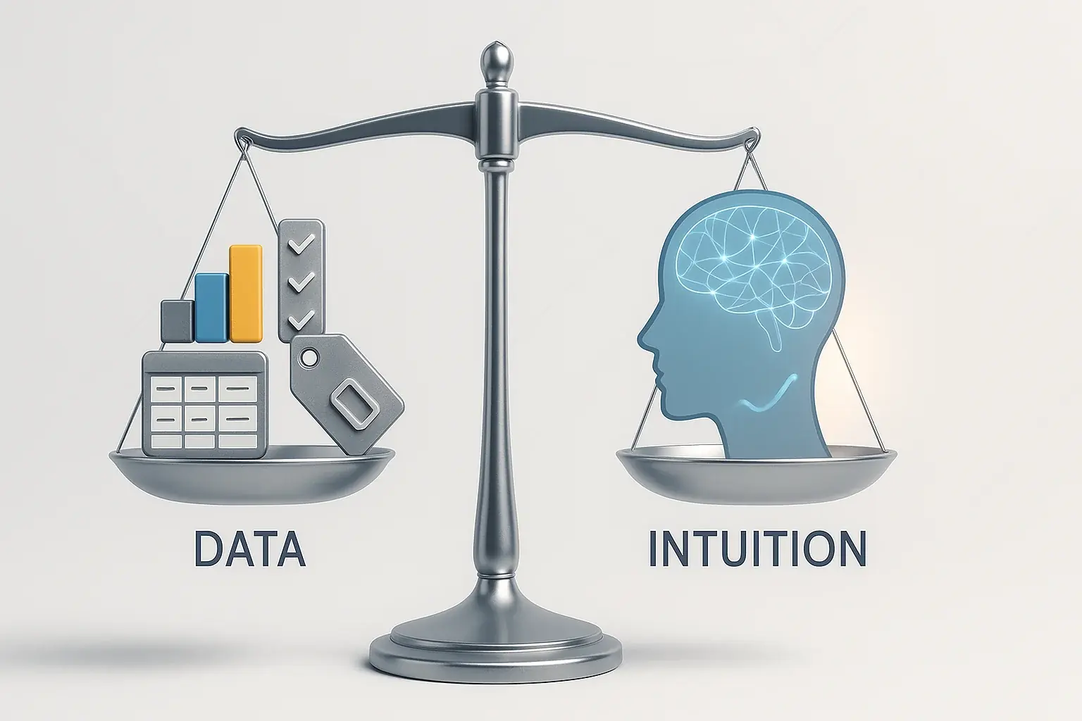 Scale with 'Data' (charts, numbers) & 'Intuition' (glowing brain) in balance, integrating them for smarter choices.