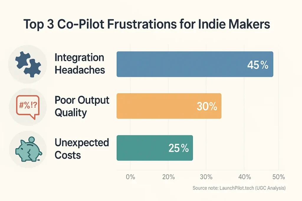 Infographic: Indie makers' top 3 co-pilot frustrations: unexpected costs, integration headaches, output quality.