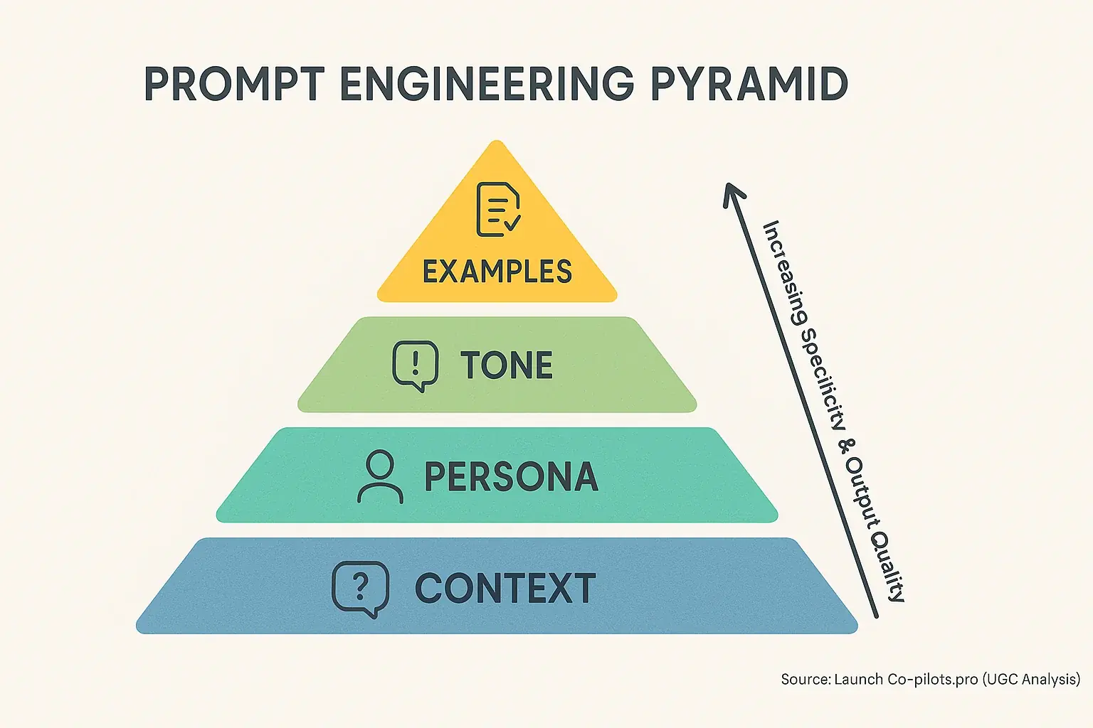 Prompt Engineering Pyramid: Layered specificity (Context, Persona, Tone, Examples) improves output.