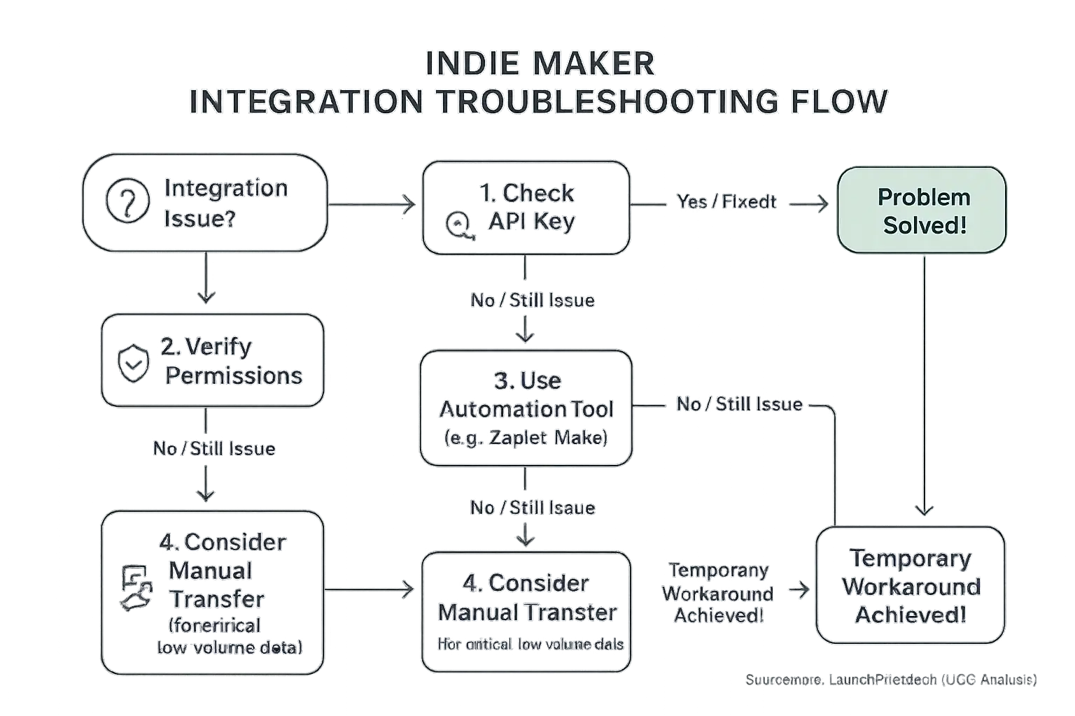 Integration troubleshooting flowchart for UGC connectivity: API check, permissions, automation, manual transfer.