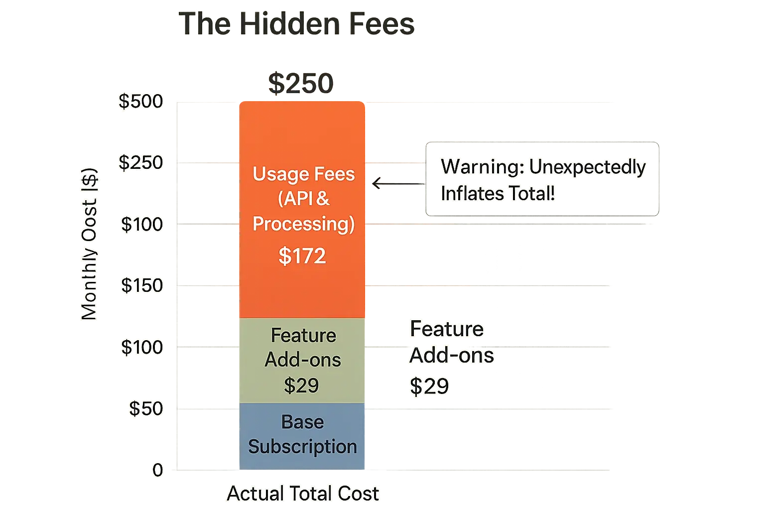 Bar chart of co-pilot cost components: UGC warnings show usage fees as hidden drain that inflates total cost.