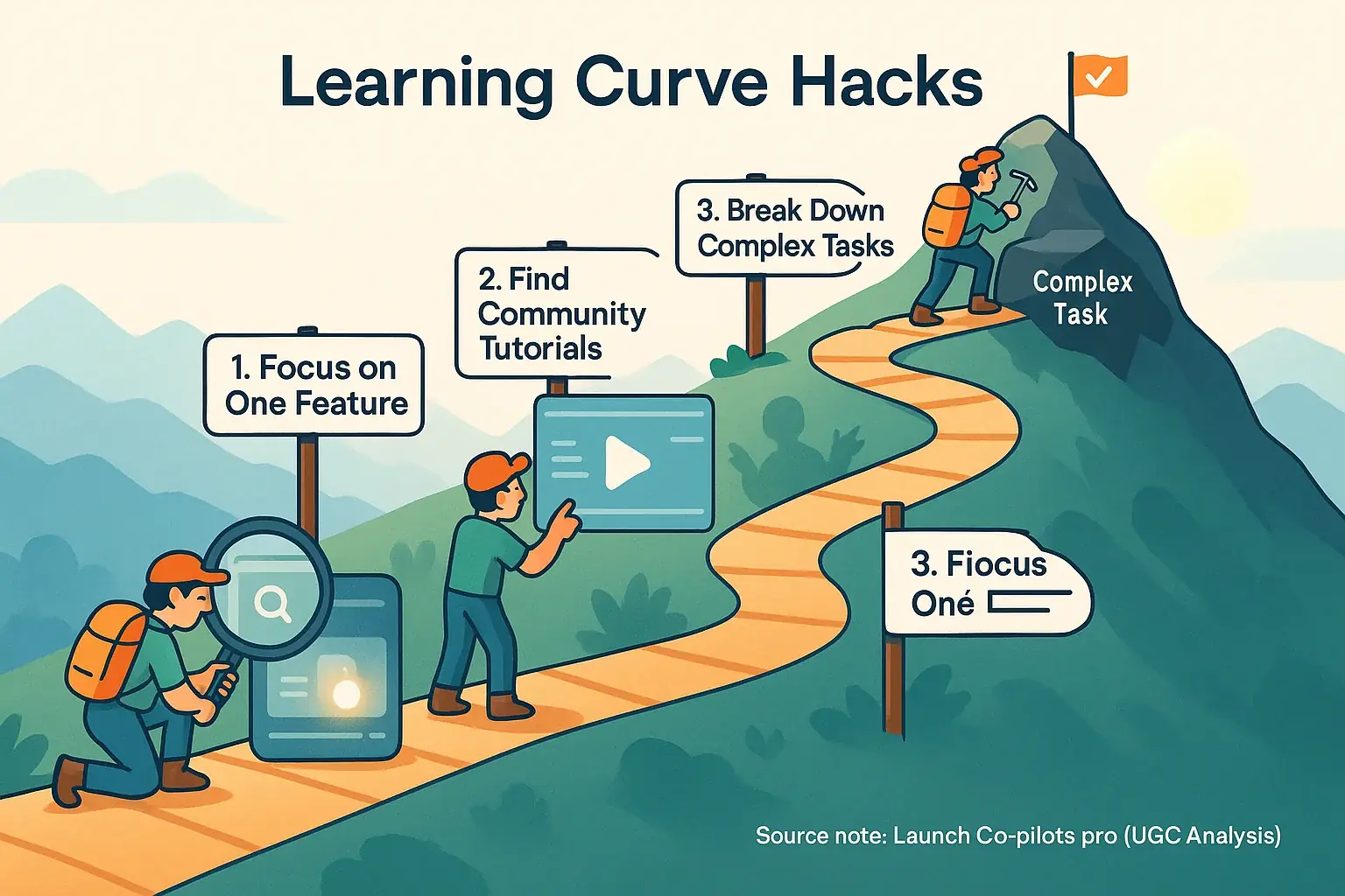 Learning mountain climb: steps like 'Focus Feature', 'Tutorials', 'Break Tasks' simplify consensus tools.