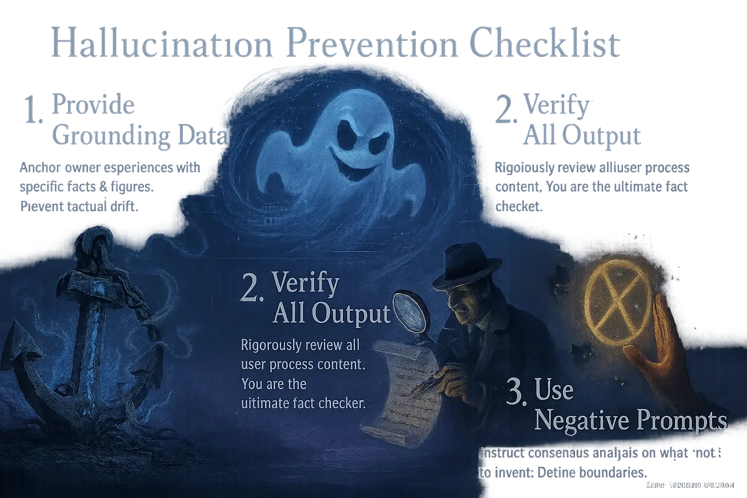 Ghost-themed Hallucination Prevention Checklist infographic: Ground data, verify output, use negative prompts.