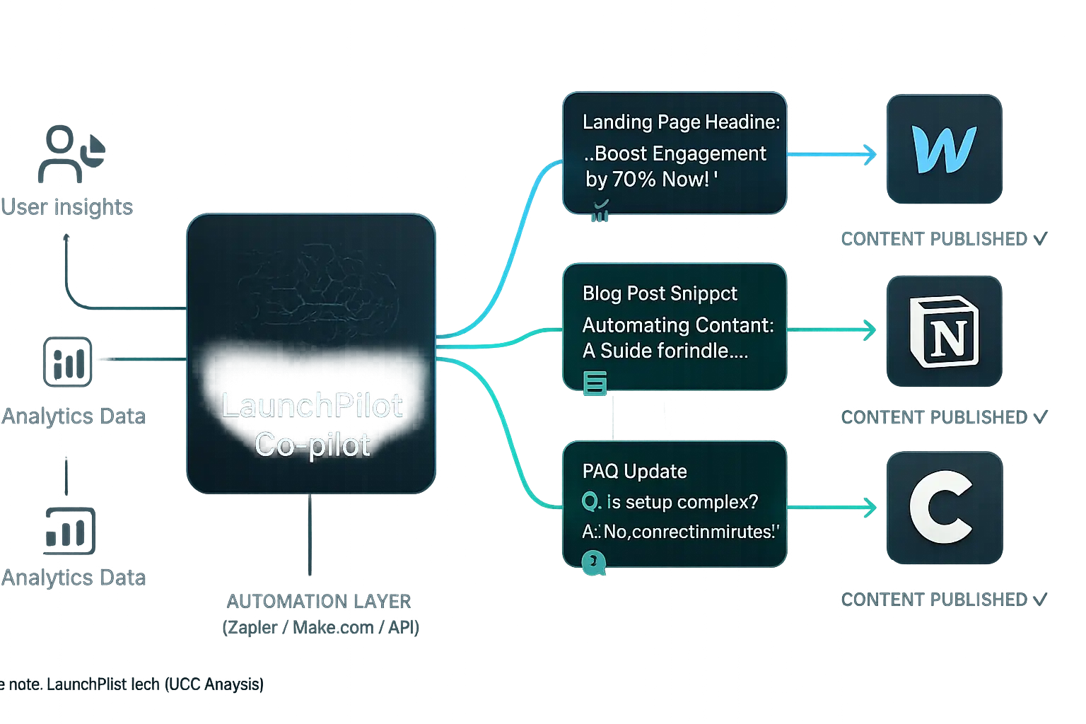 Diagram: feedback process co-pilot creates content. Arrows depict seamless flow to no-code builders for easy site updates.