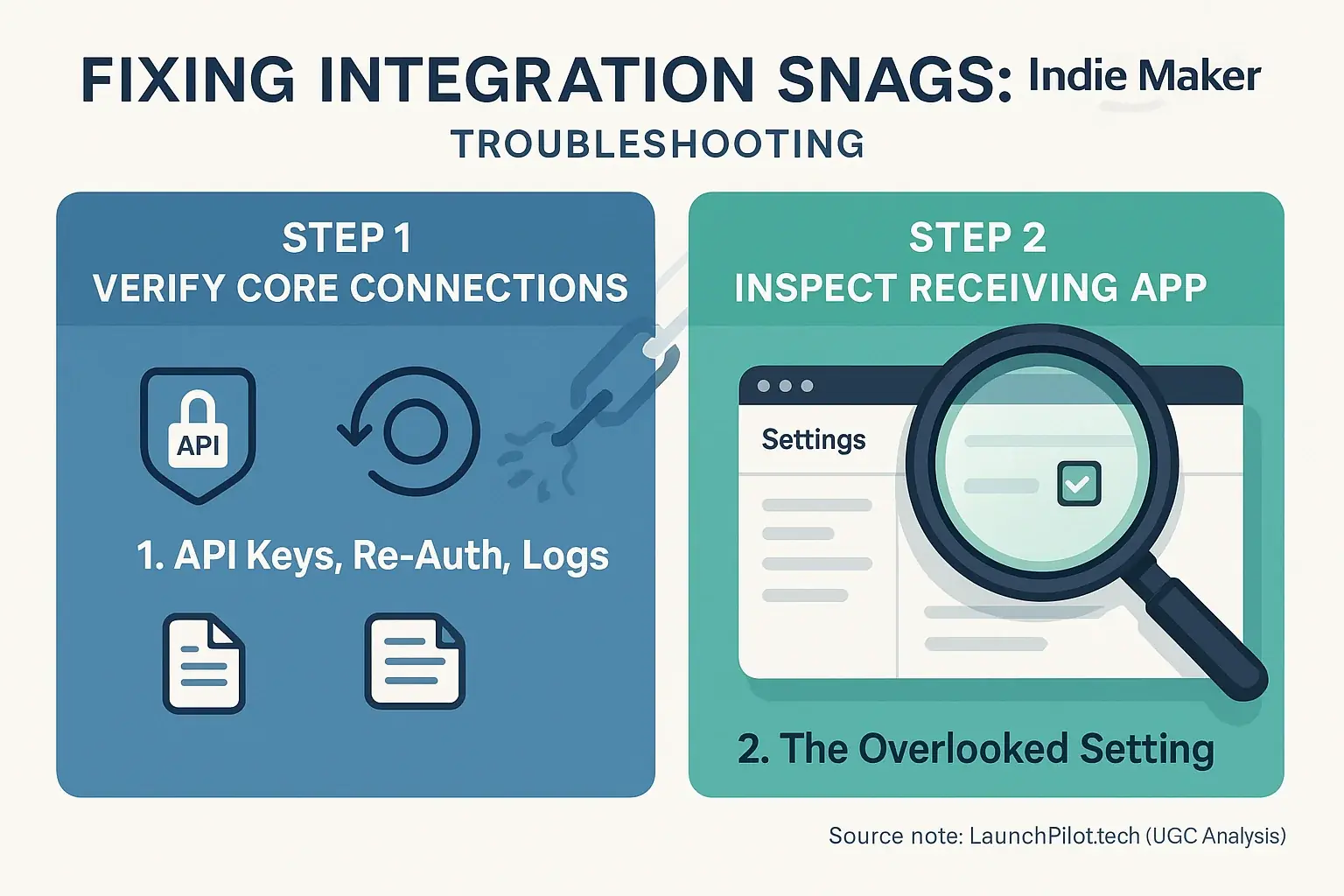 Infographic: Indie maker integration troubleshooting steps, visualized as fixing chains, squashing bugs & clearing