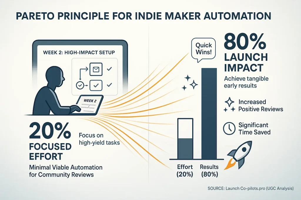 80/20 rule visualized: 20% effort in user analysis automation yields 80% results for indie makers' Week 2 big wins.