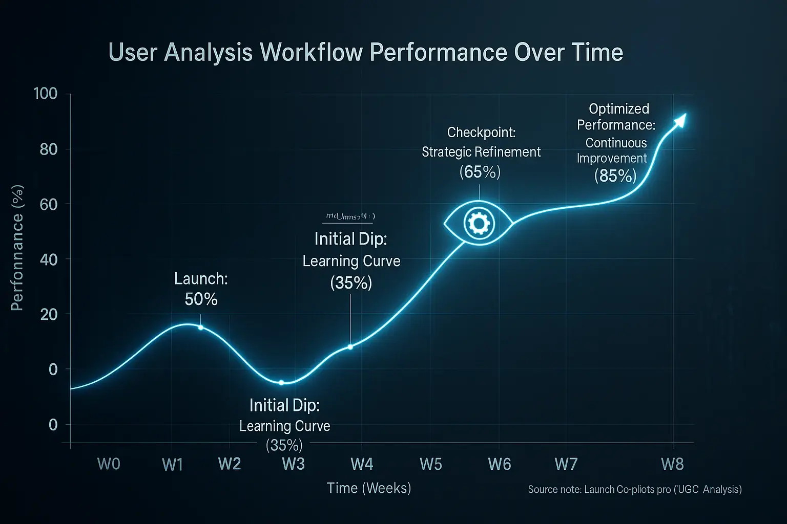 Line graph: Co-pilot's early workflow performance dips, then rises, with a crucial human oversight checkpoint.