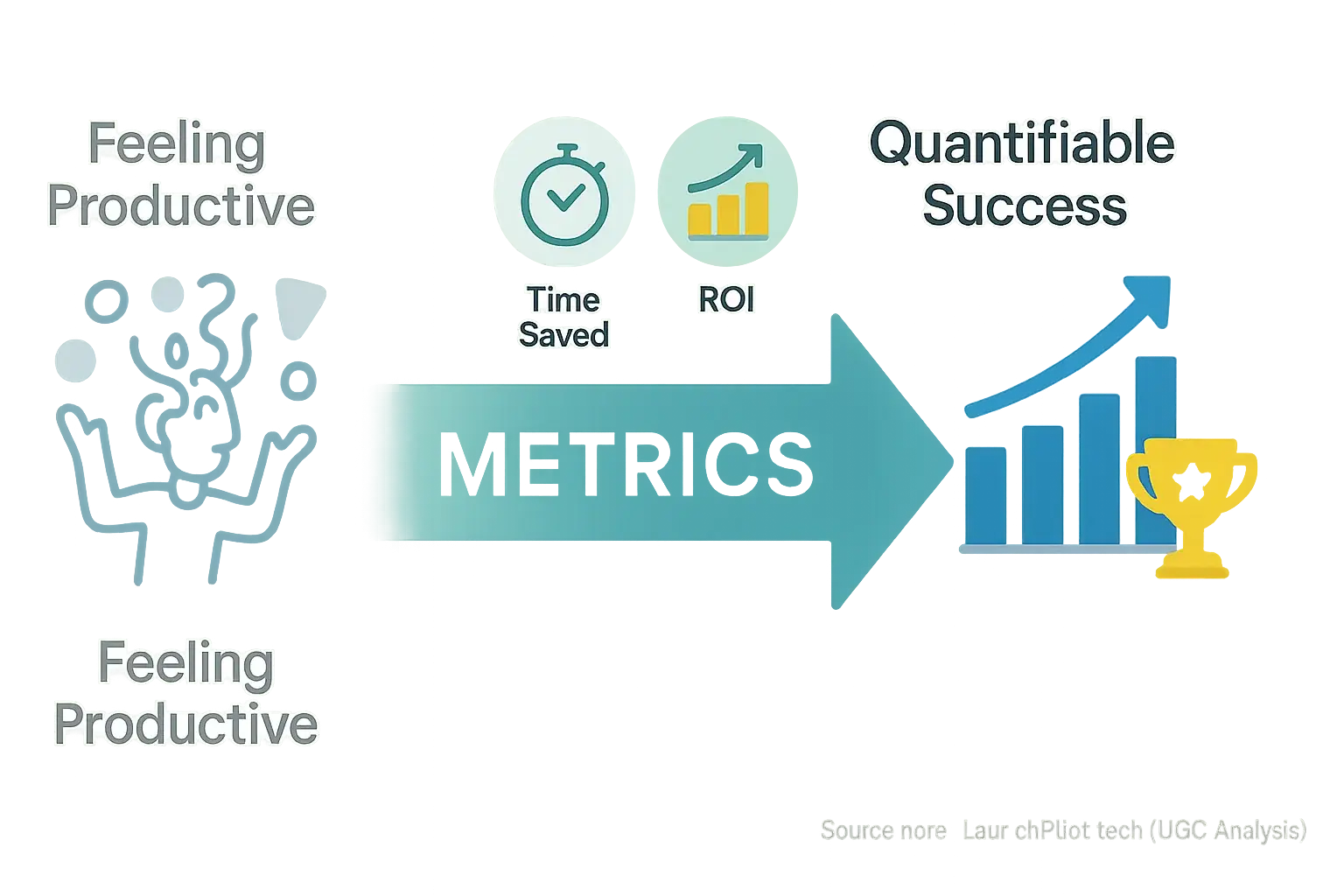 Infographic: Metrics bridge &#x27;Feeling Productive&#x27; to &#x27;Quantifiable Success,&#x27; with arrow, time saved &amp; ROI icons.
