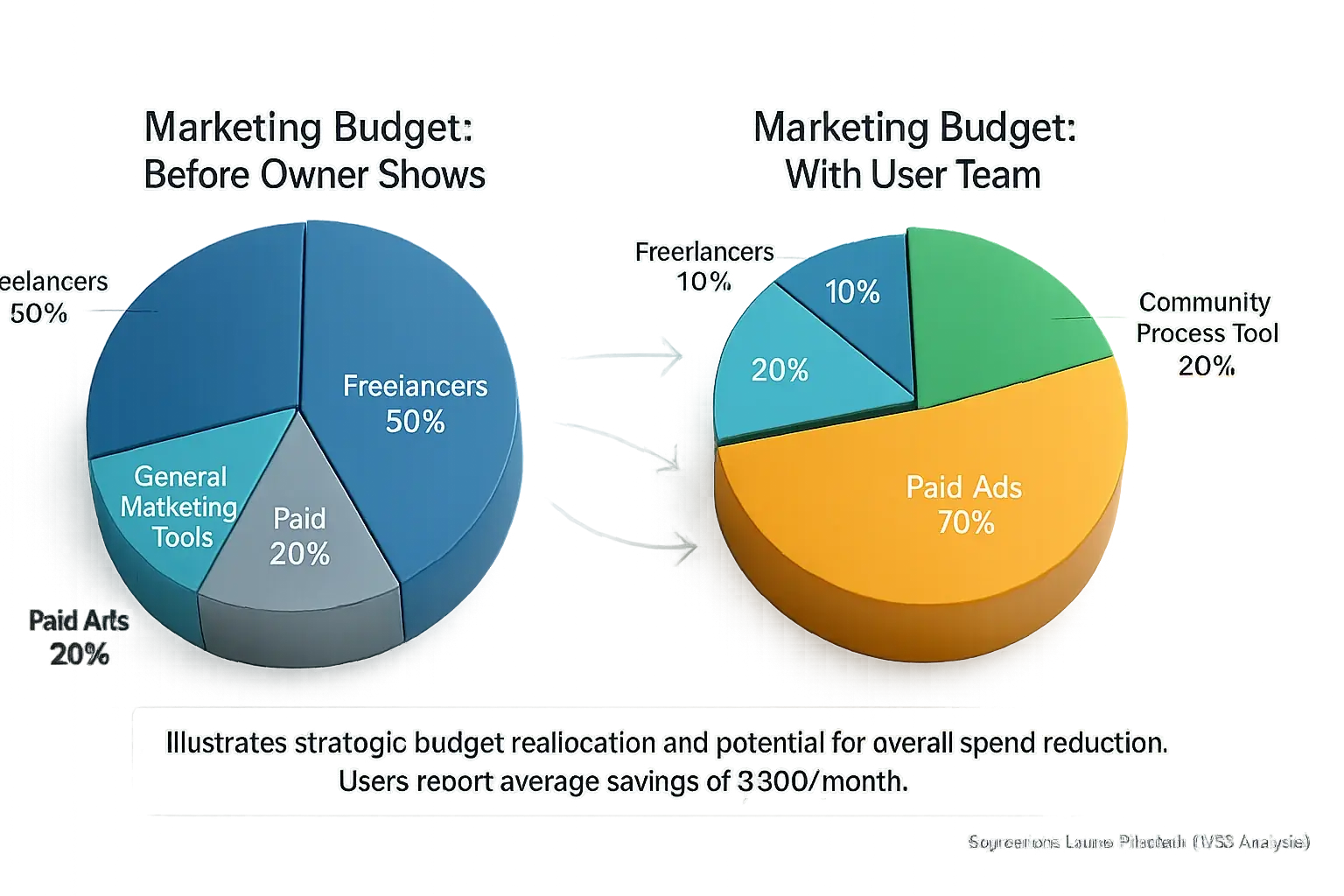 Pie charts: Indie marketing budget reallocated by our process Tool. Freelancer/tool spend cut, ads up, achieving overall