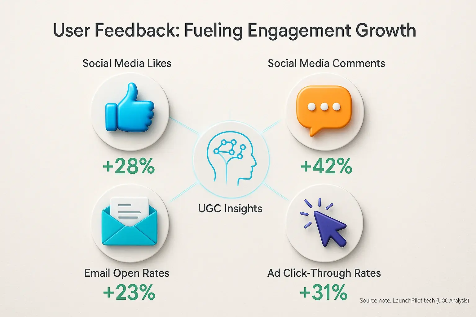 Engagement metrics shown as icons (thumbs-up, speech bubble, envelope, click) with percentages indicating feedback&#x27;s impact.