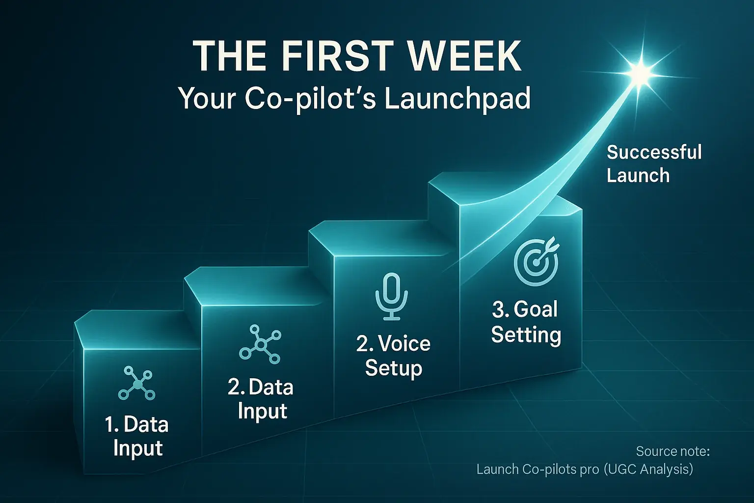 Structured first week co-pilot onboarding: Data Input, Voice Setup, Goal Setting as building blocks for successful launch.