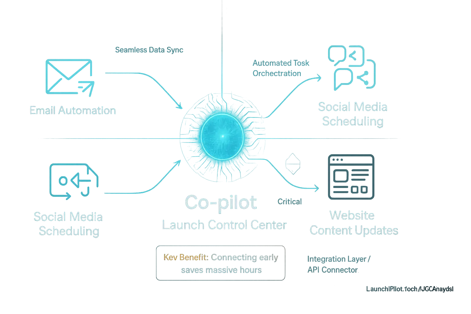 Findings system co-pilot centered, data flowing to indie tools (email, social, web) for seamless connections.