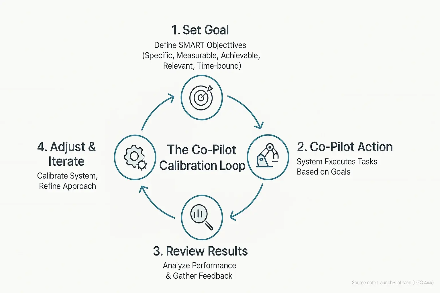 Calibration loop flowchart: Set Goal -> Action -> Review -> Adjust, for refining launch goals & tests.