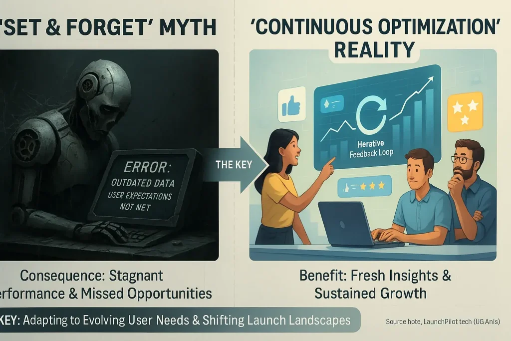 Infographic: Broken robot (set & forget myth for indie co-pilots) vs. team continuously optimizing for success.