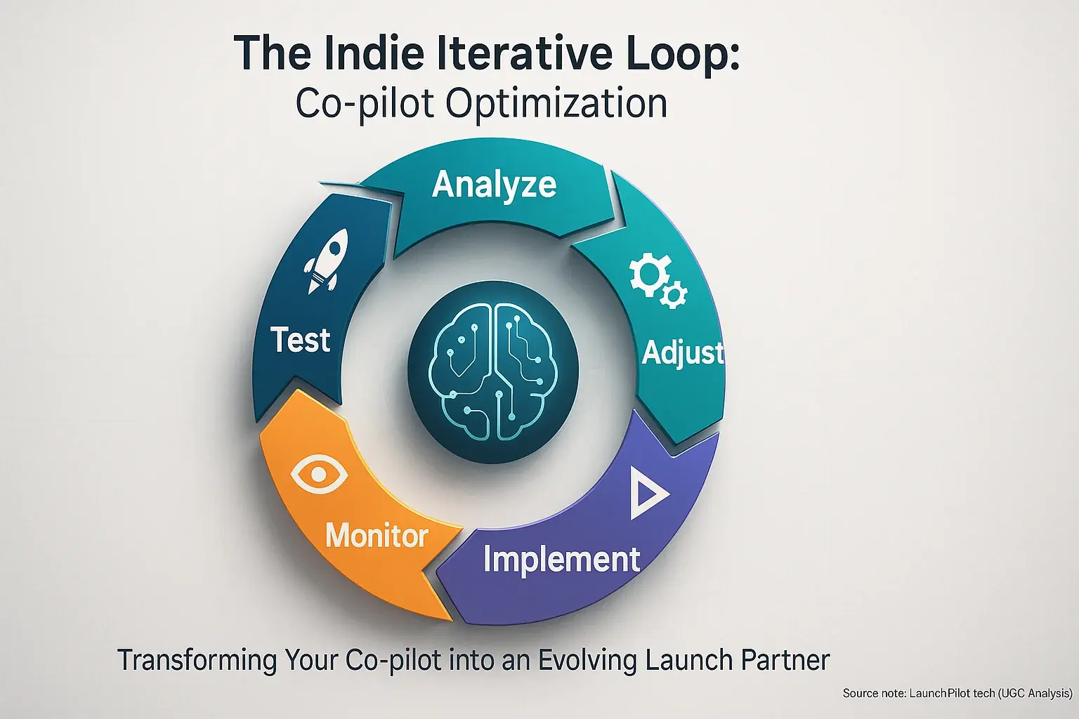 Indie Iterative Loop diagram: continuous circular flow with Test, Analyze, Adjust, Implement, Monitor for Co-pilot