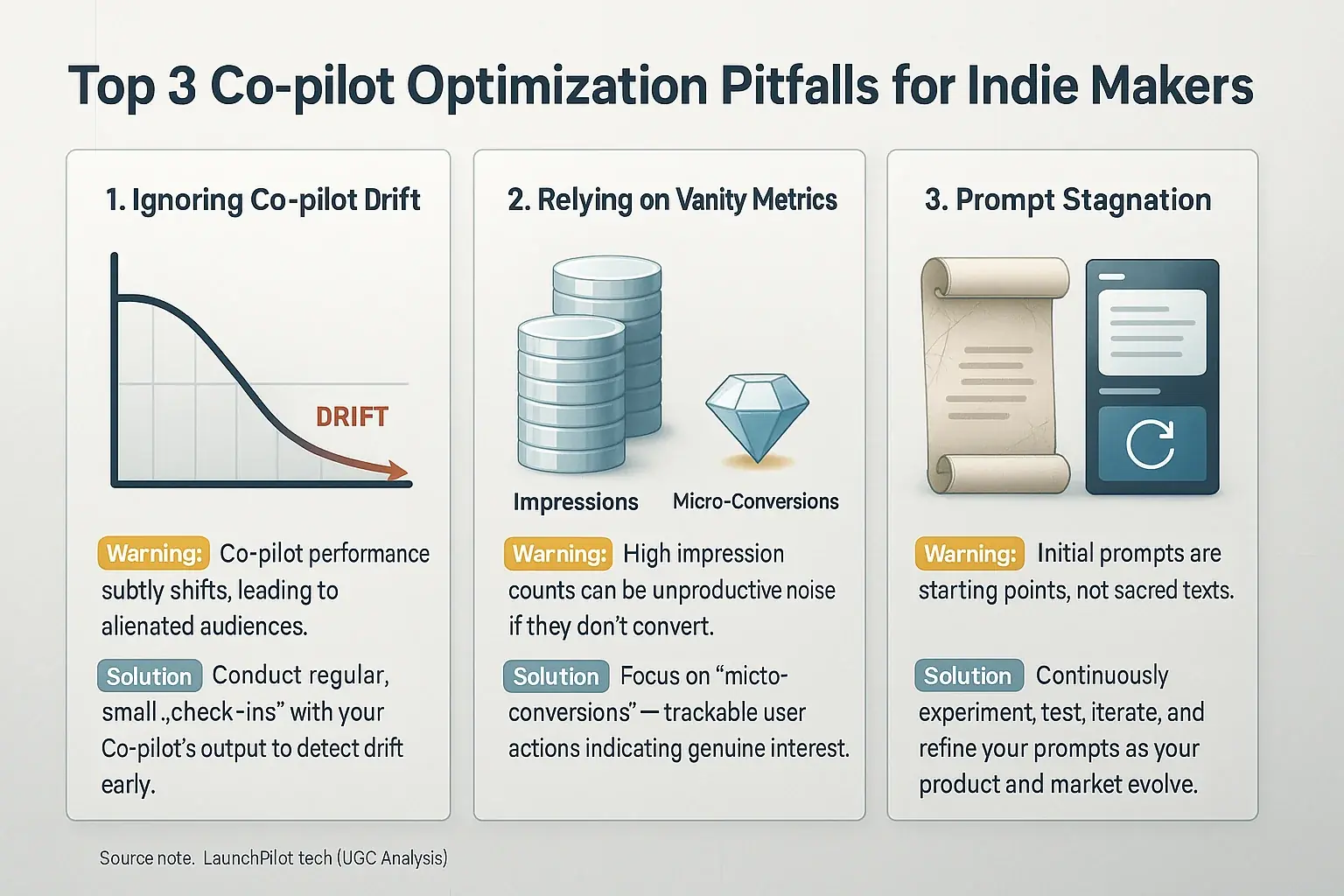Infographic: Top 3 co-pilot pitfalls for indie makers: ignoring feedback, vanity metrics, old prompts, with icons &amp;