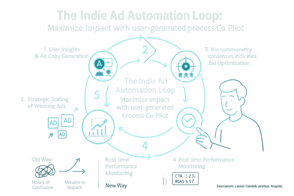 Indie Ad Automation Loop: user analysis, ad copy, targeting, bids, monitoring, scaling. User reviews fuel indie success.