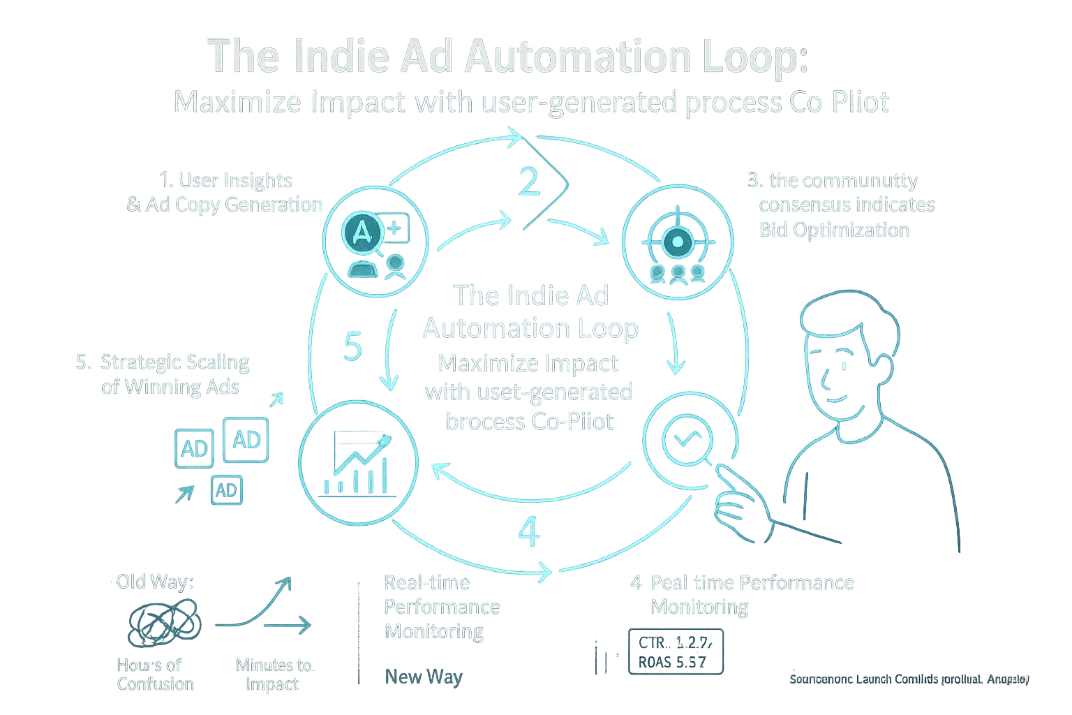 Indie Ad Automation Loop: user analysis, ad copy, targeting, bids, monitoring, scaling. User reviews fuel indie success.