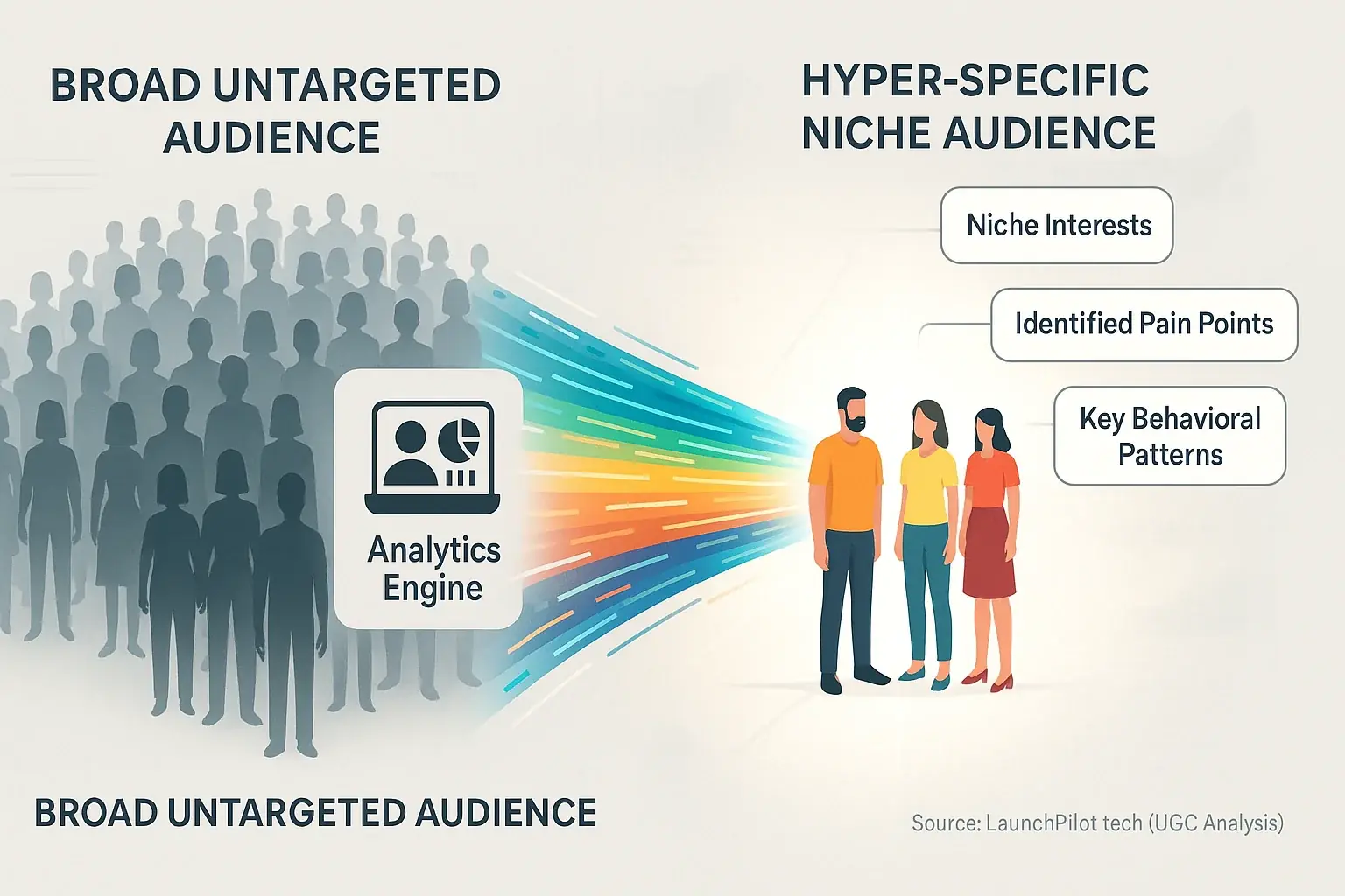 Infographic: Diverse crowd micro-segmented, highlighting a niche group identified via feedback on pain points & interests.