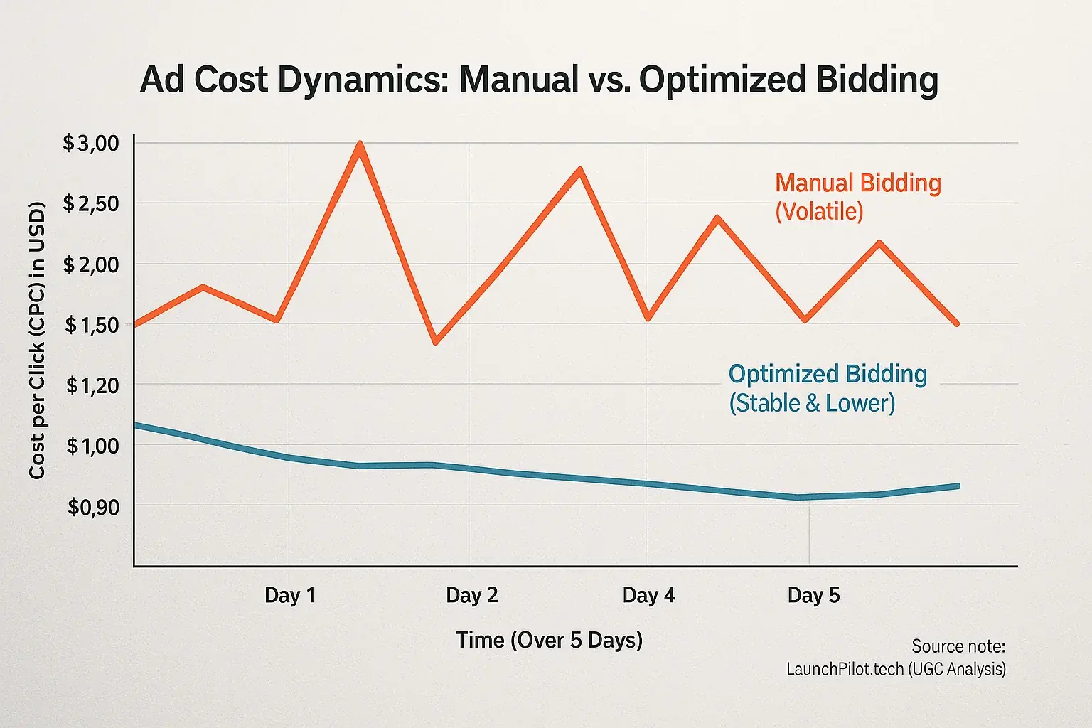 Line graph: Data-optimized bidding shows stable, lower CPC for indies; manual bidding shows volatile CPC.